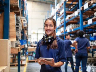 Portrait of a female factory employee with a digital tablet looking at camera and smiling. Woman warehouse worker with people in background.